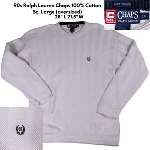 Vintage Ralph Lauren Herringbone Cotton Sweater Large White‎ Classic Prep Chaps